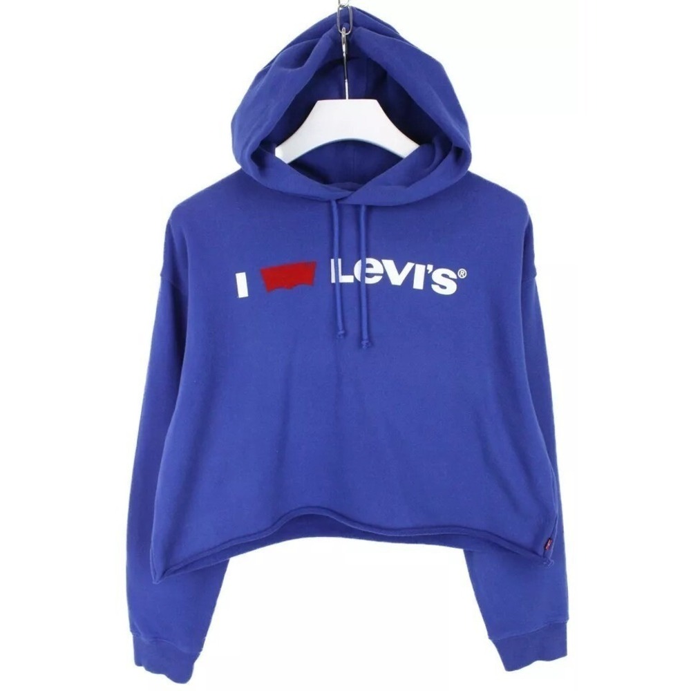 Levis Cropped Hoodie Womens XL Blue Pullover Sweatshirt Logo Cotton Drawstring